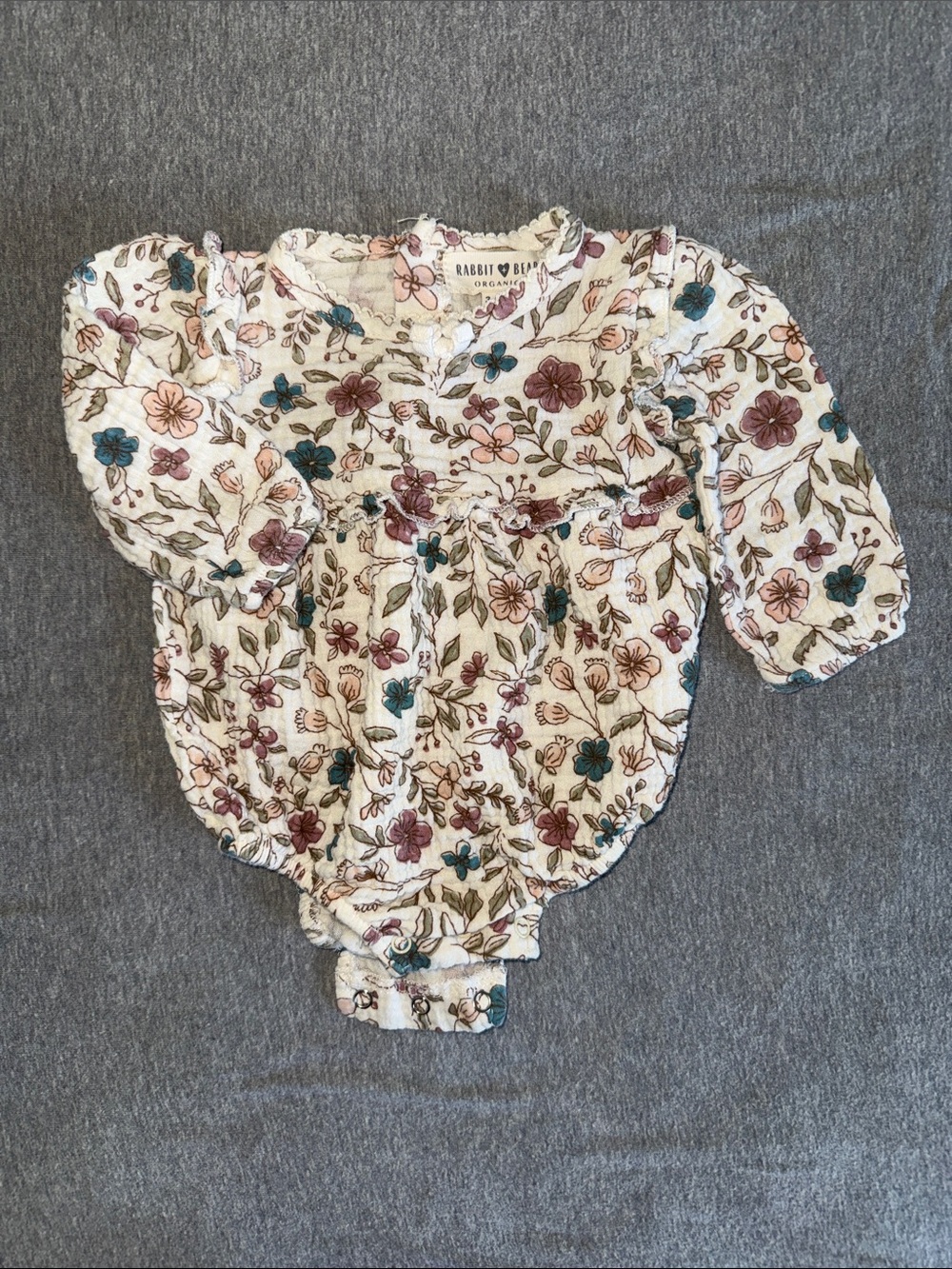 Rabbit & Bear Floral Romper - Cream with Teal & Mauve Flowers